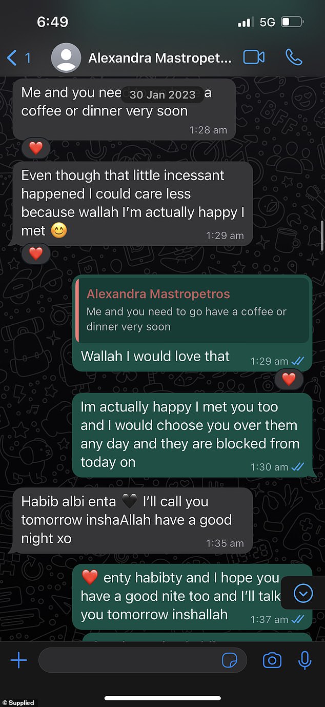 Texts between Mohammed Skaf and Alexandra Mastropetros are depicted.  She says they are made up