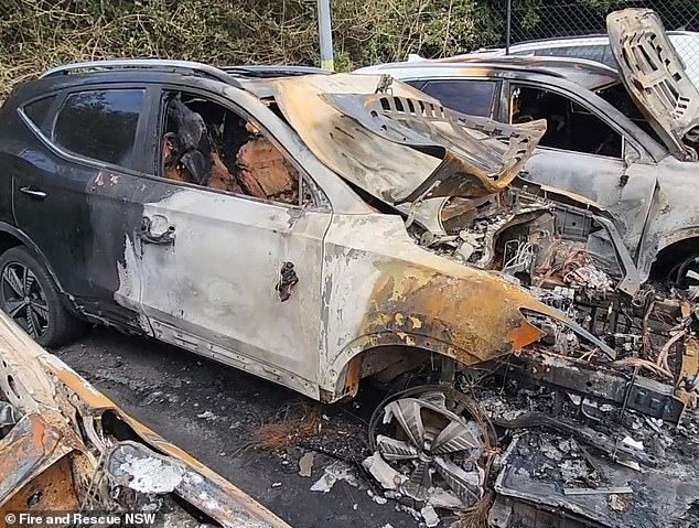 Five cars in a Sydney airport car park were razed after a lithium battery caught fire on Monday (pictured)