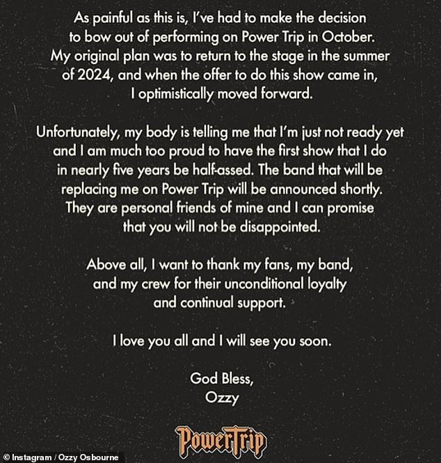 Heartfelt words: He wrote on Instagram: 'As painful as this is, I have had to make the decision to stop performing at Power Trip in October