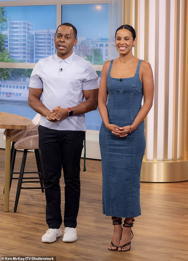 Popular: Bershka's stunning £40 denim dress was also worn by Rochelle Humes, 34, on This Morning earlier in August