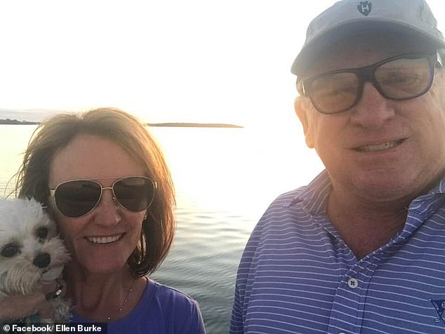 The retired doctor, who set up a health insurance company where both his children work, appears to have had several other trades.  Pictured: Scott Burke (right) and wife Ellen