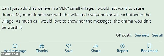 The anonymous woman took to British forum Mumsnet to ask others for advice on what to do about the situation