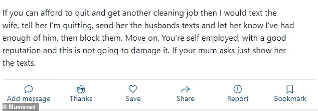 Some users felt that the cleaner should inform his wife about her husband's inappropriate behavior