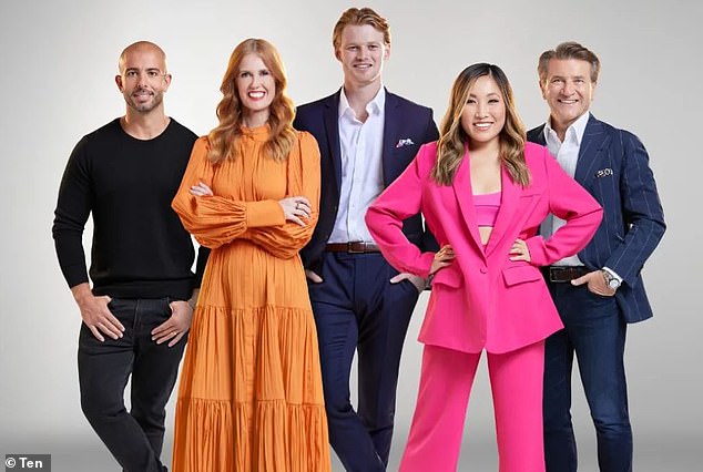 Lu, founder of women's fashion brand Showpo, appears in the latest season of the reality show Shark Tank Australia (Jane, second from right, with the cast of Shark Tank)