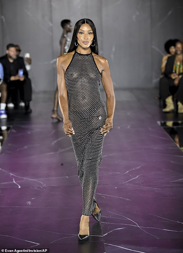 Wow: The runway sensation herself wowed as she walked the catwalk in a very racy, sheer, jeweled dress as she debuted a series of stylish pieces