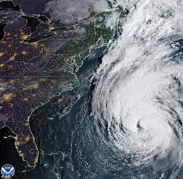 Satellite photo from the National Oceanic and Atmospheric Administration shows Hurricane Lee in the Atlantic Ocean.  The hurricane is forecast to devastate New England this week