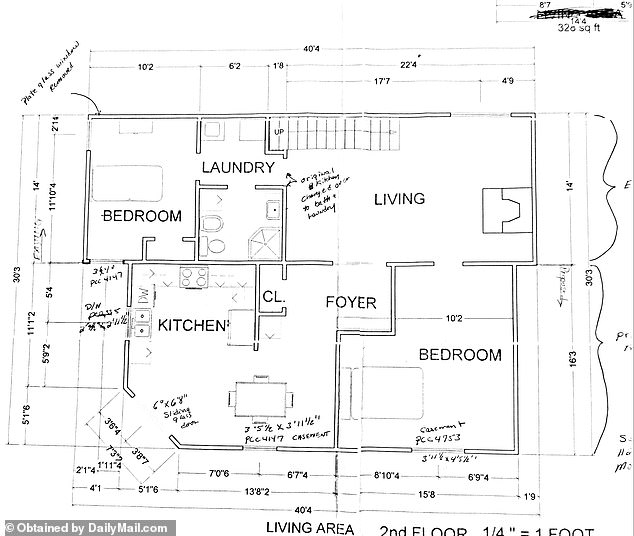 The floor layout shows that the killer would have taken a winding route through the kitchen, foyer and living room