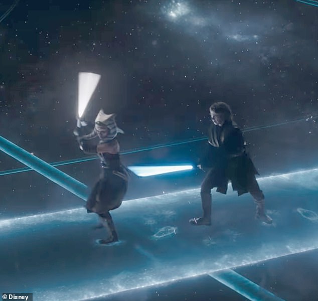 The battle has begun: he comes face to face with Ahsoka Tabo, played by Rosario Dawson, while in the World Between Worlds.  That is a place where all times come together in one