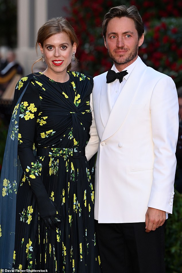 Eugenie's sister and brother-in-law, Princess Beatrice (left), 35, and Edo Mapelli Mozzi (right), 39, weren't far behind on the red carpet