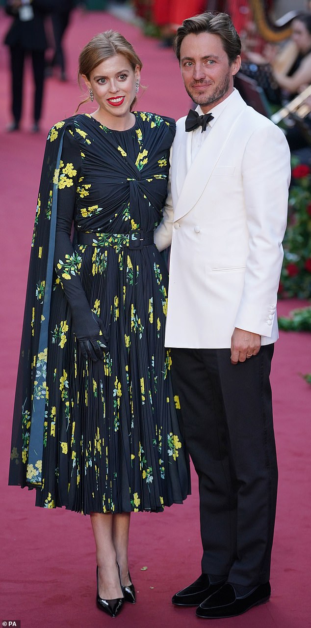 Princess Beatrice, who wore a black floral dress, and her sharply dressed husband Edoardo Mapelli Mozzi, looked dapper in a white tuxedo jacket and black trousers