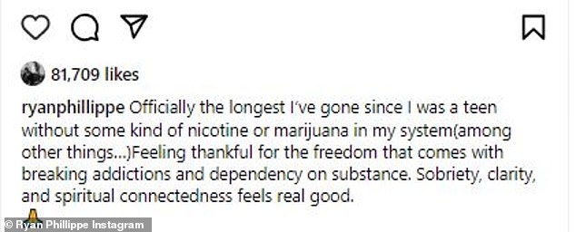 Post: “Officially the longest period since I was a teenager without any form of nicotine or marijuana in my system (among other things…),” Phillippe began