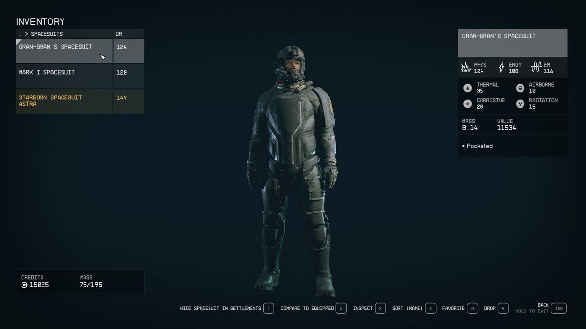 A Starfield menu shows Gran-Gran's spacesuit, one of the best armors in Starfield.