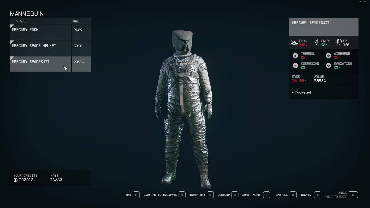 A Starfield menu shows the stats and design of the Mercury spacesuit, one of the best armors in Starfield.