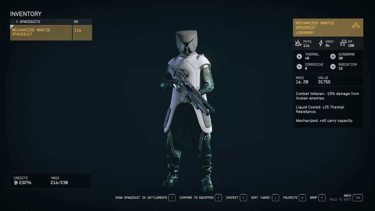 A Starfield menu shows the stats and design of the Mantis spacesuit, one of the best armors in Starfield.