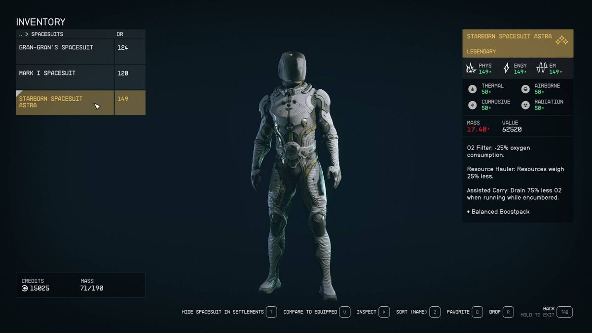 A Starfield menu shows the stats and design of the Starborn spacesuit, one of the best armors in Starfield.