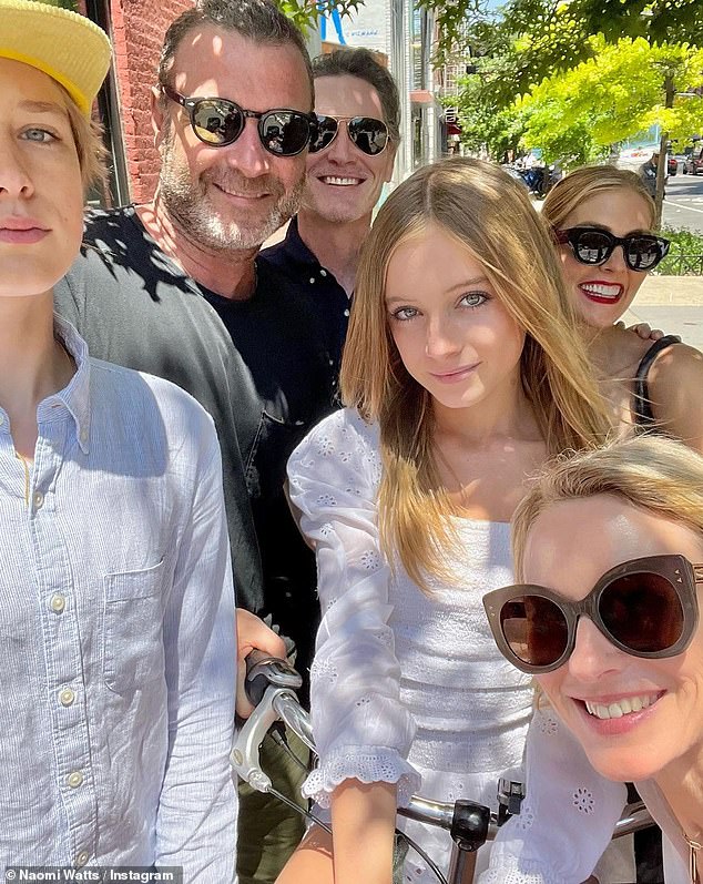 Unity: Watts and Schreiber have previously shown unity for the sake of their blended family, including celebrating the high school graduation of their child, Kai (center), then 13, in June 2022 with their new spouses Taylor Neisen and Billy Crudrup;  their other child Sasha can also be seen in the family photo