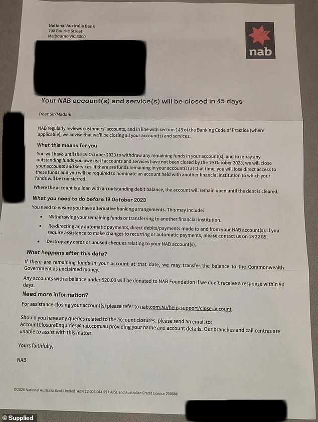 The letter does not provide any explanation as to why NAB is considering closing Mr Lucas' account