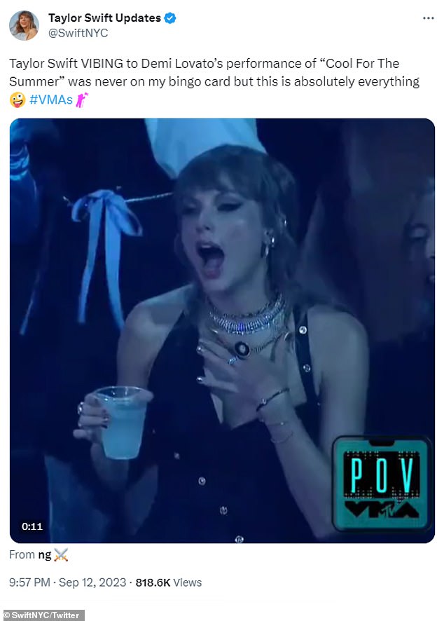 Girly Girl: An eagle-eyed fan spotted Taylor dancing to Demi's live performance at the MTV Music Video Awards this week