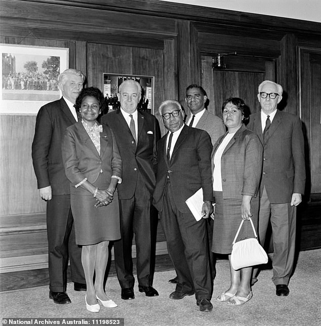 Faith Bandler, co-founder of the Aboriginal-Australian Fellowship, had quietly lobbied Liberal Prime Ministers Robert Menzies and Harold Holt for a referendum to achieve racial equality (she is pictured second left with Mr Holt, third from left) together with MP Gordon Bryant, Pastor Doug Nicholls, Burnum Burnum (Harry Penrith), Win Branson and WC Wentworth