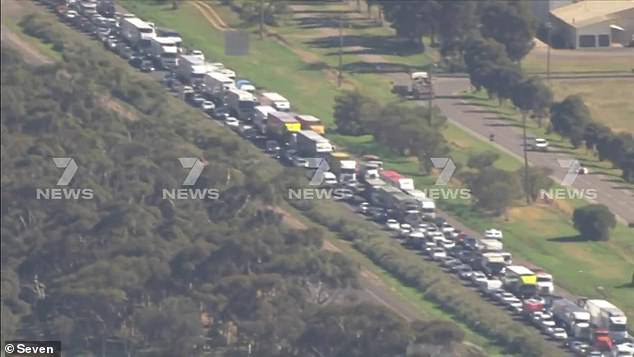 Motorists were reportedly stuck for two hours with all lanes towards Melbourne closed (photo, traffic jam)