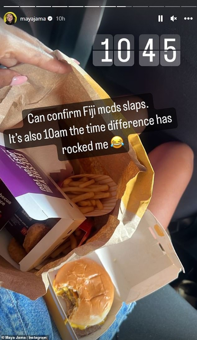 On the other side of the world: While Stormzy led the parade of stylish men on the red carpet, Maya was on the other side of the world, tucking into a Fiji McDonalds