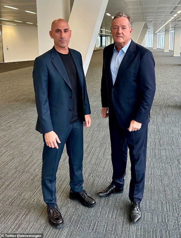 Rubiales (left) was reluctant to resign but has subsequently announced he will leave his post in an exclusive interview with Piers Morgan (right)