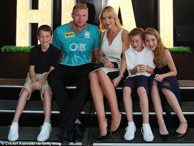 The former England cricket star, 45, was undoubtedly supported throughout his ordeal by his family, including his wife of 18 years, Rachael, 42, who is a model and entrepreneur.  Pictured are Freddie, Rachael and their children Holly, Corey and Rocky in 2014