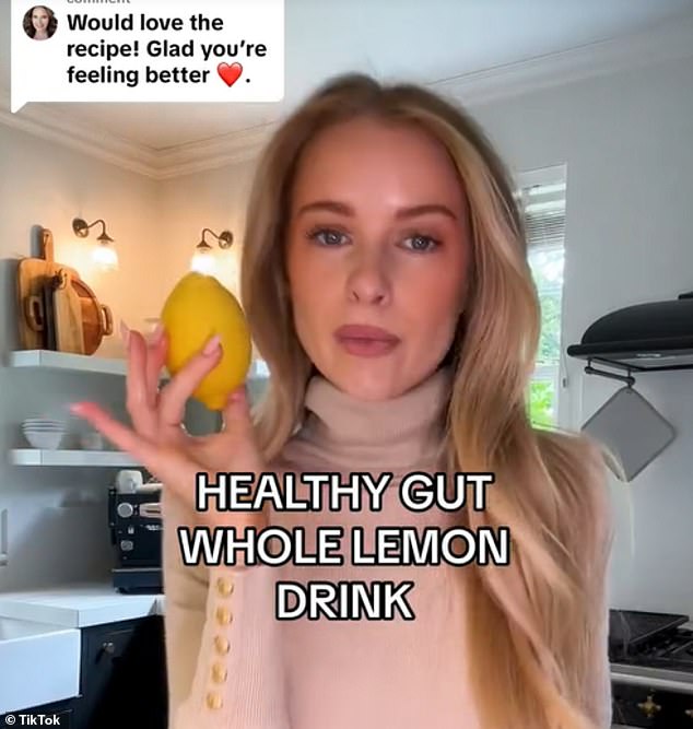 Victoria showed users how to make her gut-healing drink, which starts with washing and blending a whole lemon