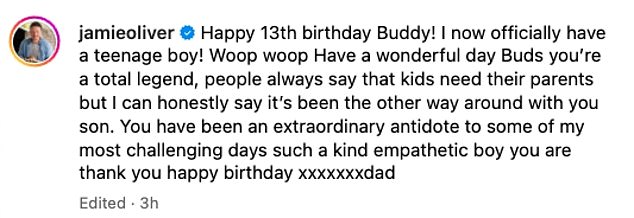 Happy Birthday: Jamie captioned the post: “Happy 13th Birthday Buddy!  I now officially have a teenage boy!  Woop woop Have a nice day