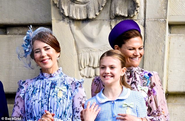 The Crown Princess of Denmark was joined by Swedish Crown Princess Victoria and Swedish Princess Estelle at the 50th anniversary of King Carl XVI Gustaf's accession to the throne at the Royal Palace in Stockholm, Sweden.  All depicted