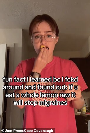 Cass Cavanaugh, 21, from Missouri, who is non-binary, posted a video last month showing them eating a whole lemon raw.  They were testing foods that could help with their migraines when they discovered that lemon eased the pain