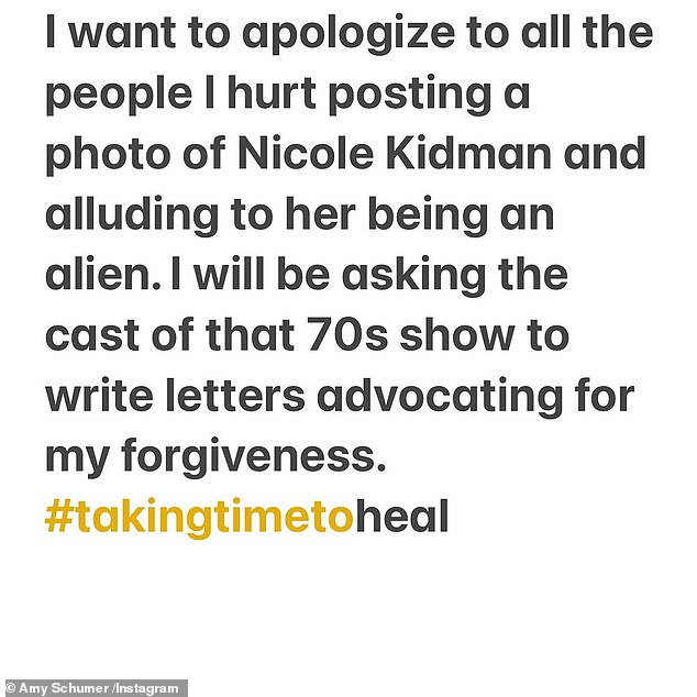 On Monday morning, Amy took to Instagram to joke about it: “I want to apologize to all the people I hurt by posting a photo of Nicole Kidman and referencing the fact that she is an alien.  