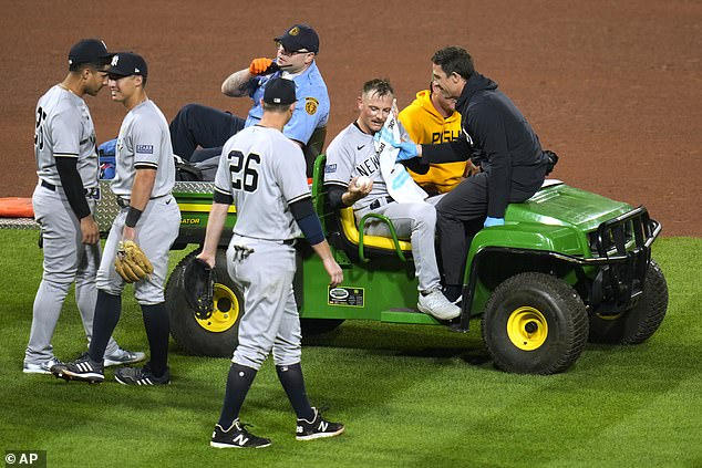 He was alert and held what appeared to be an ice pack to his head as he left the field