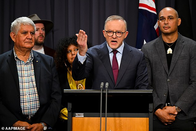 Anthony Albanese (pictured center) has had to deny on several occasions that the Voice to Parliament will conclude a treaty between Indigenous and non-Indigenous Australians