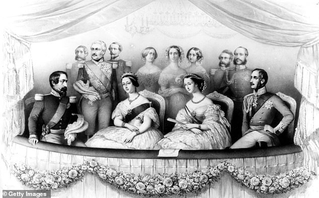 An illustration of Napoleon III, Queen Victoria, Princess Eugenie and Prince Albert at the Opera House in Paris with Napoleon III