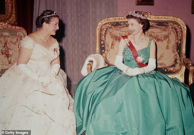 Queen Elizabeth II with Germaine Coty, wife of French President Rene Coty during her state visit to France in 1957