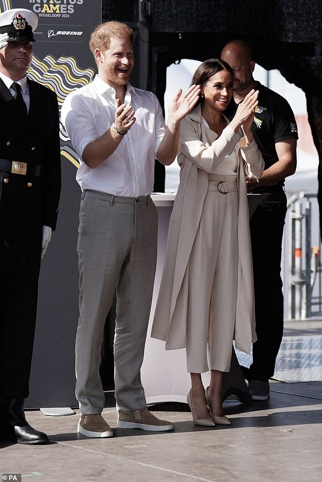 The Duke and Duchess of Sussex during a medal ceremony at the Invictus Games in Düsseldorf on Saturday, September 16, 2023