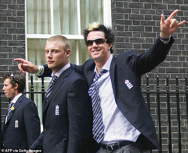 Flintoff was famously pictured with blue eyes next to Kevin Pietersen (right) as the England team attended a reception at Downing Street