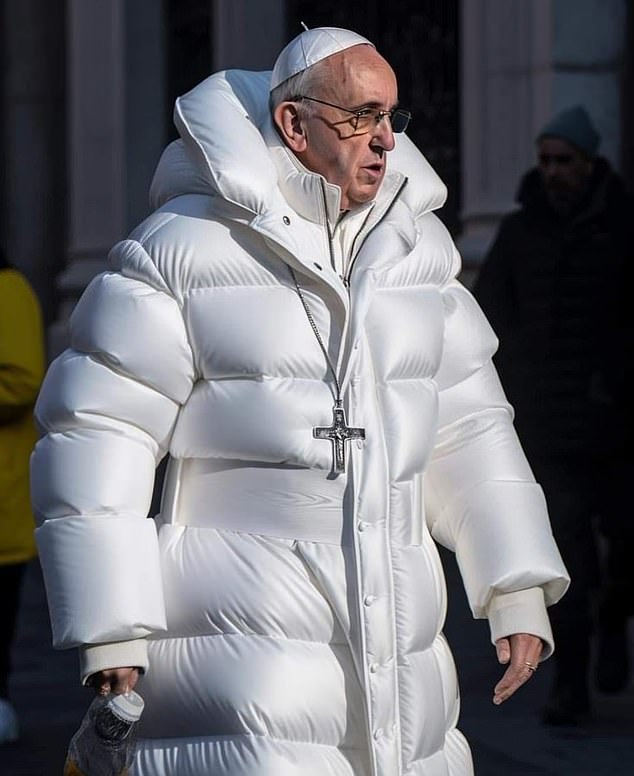 In this image, 86-year-old Pope Francis changes his style and instead of the usual robe, opts for a white, oversized puffer jacket