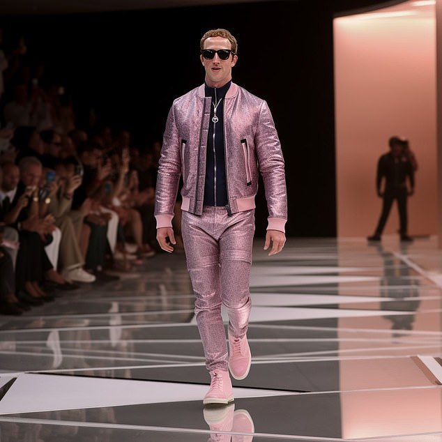 Meta-CEO Mark Zuckerberg parades down the catwalk wearing a pink glitter bomber jacket and matching trousers, paired with pink trainers, a black under jacket and sunglasses