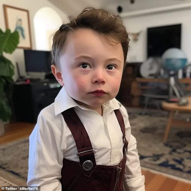 Tesla and X CEO Elon Musk is pictured as a toddler wearing a white shirt under brown pants with suspenders attached