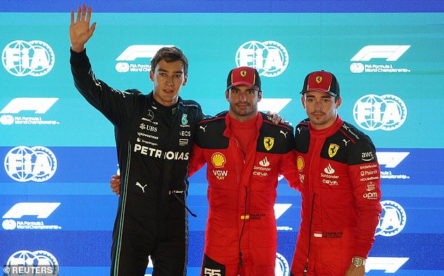 George Russell (left) starts second on the grid, while Carlos Sainz (center) took pole and Charles Leclerc (right) finished third