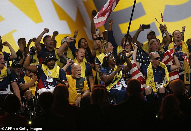 The American team during the closing ceremony of the Invictus Games on Saturday.  The team took to the stage to Bruce Springsteen's Born In The USA - with the approval of the Duchess of Sussex