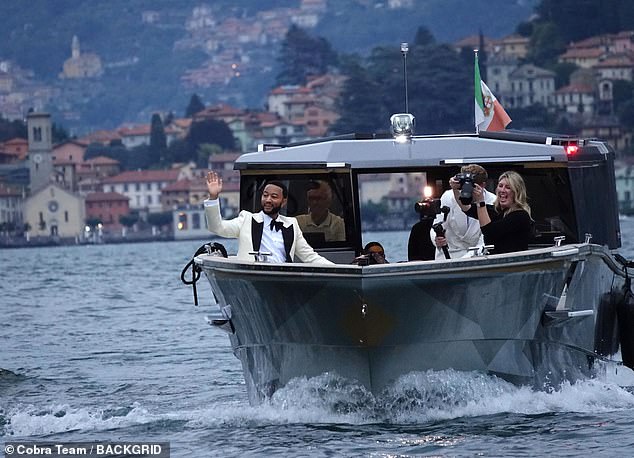 On a boat: The family and their guests boarded a boat to go to Villa Pizzo on Lake Como, where the vow renewal took place.  The location is the same place where the lovebirds tied the knot on September 14, 2013