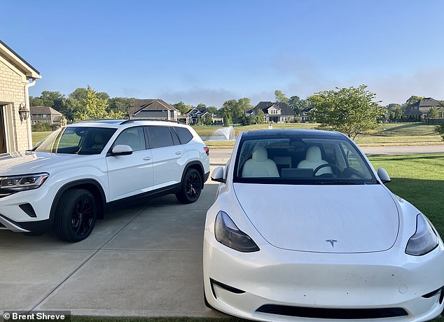 The Shreves bought two similarly priced cars in April.  The 2023 Volkswagen Atlas (left) cost about $46,000.  The Tesla Model Y (right) cost $53,000.  State Farm quoted them almost double the amount to insure the Tesla