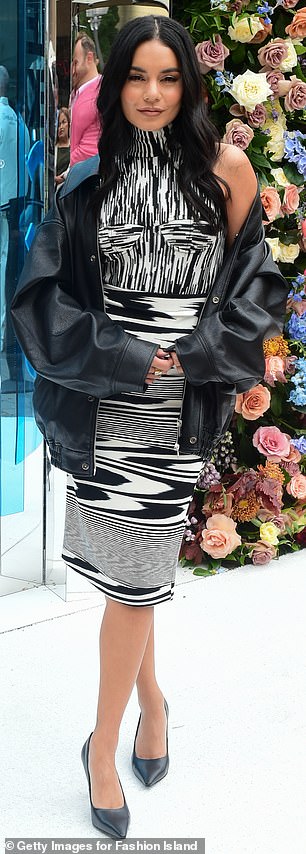 Fashionable: The actress, who recently spoke about the planning process of her upcoming wedding, wore a black and white multi-patterned dress to the party that showed off her toned lower legs