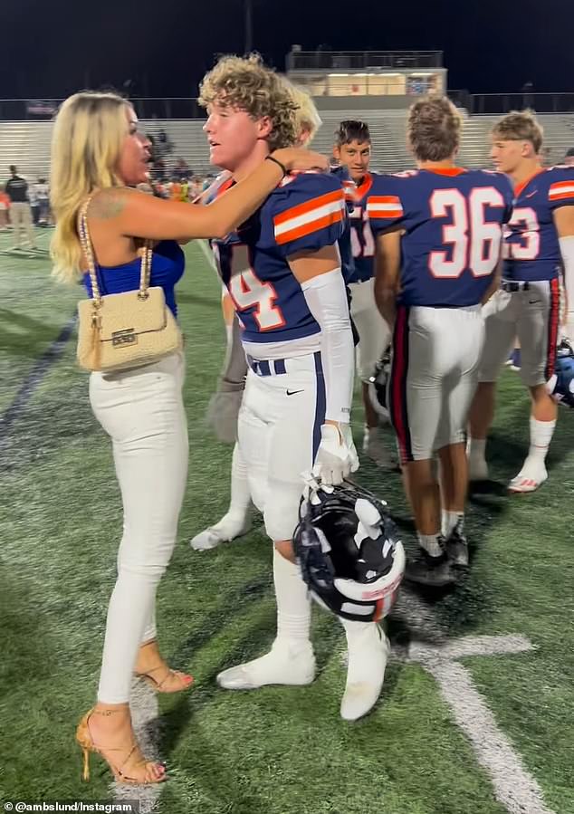 In the clip, which has now been viewed more than 9 million times, Wright jumps into the arms of her son, 16-year-old Brixton, after his team wins a home game