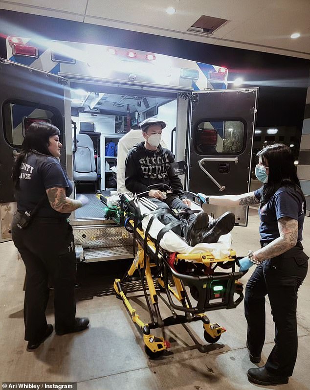 Scary: On Friday, Whibley's wife announced that the Sum 41 singer and guitarist was rushed to the emergency room with a photo of him being wheeled into an ambulance on a stretcher wearing a mask