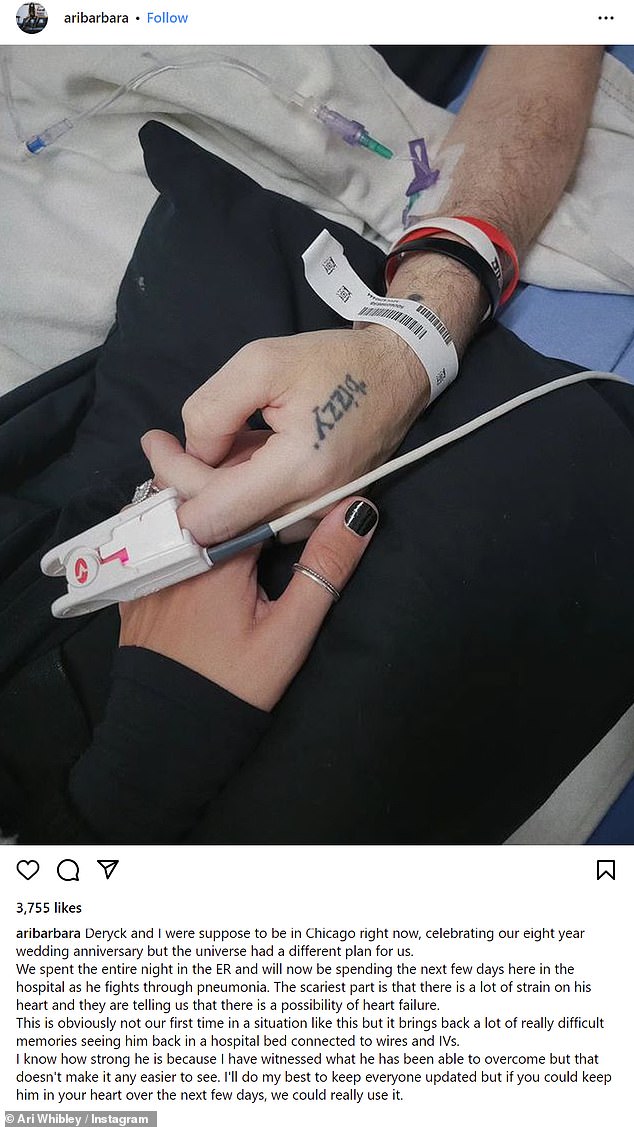 “Deryck and I were supposed to be in Chicago right now celebrating our eight year wedding anniversary, but the universe had a different plan for us,” Ariana, 32, wrote in the caption.  “We spent the entire night in the ER and will now spend the next few days here in the hospital as he battles pneumonia.”