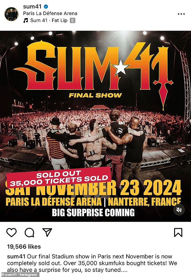 Swan song: Last week Sum 41 revealed that their last show in Paris in November 2024 has already sold out